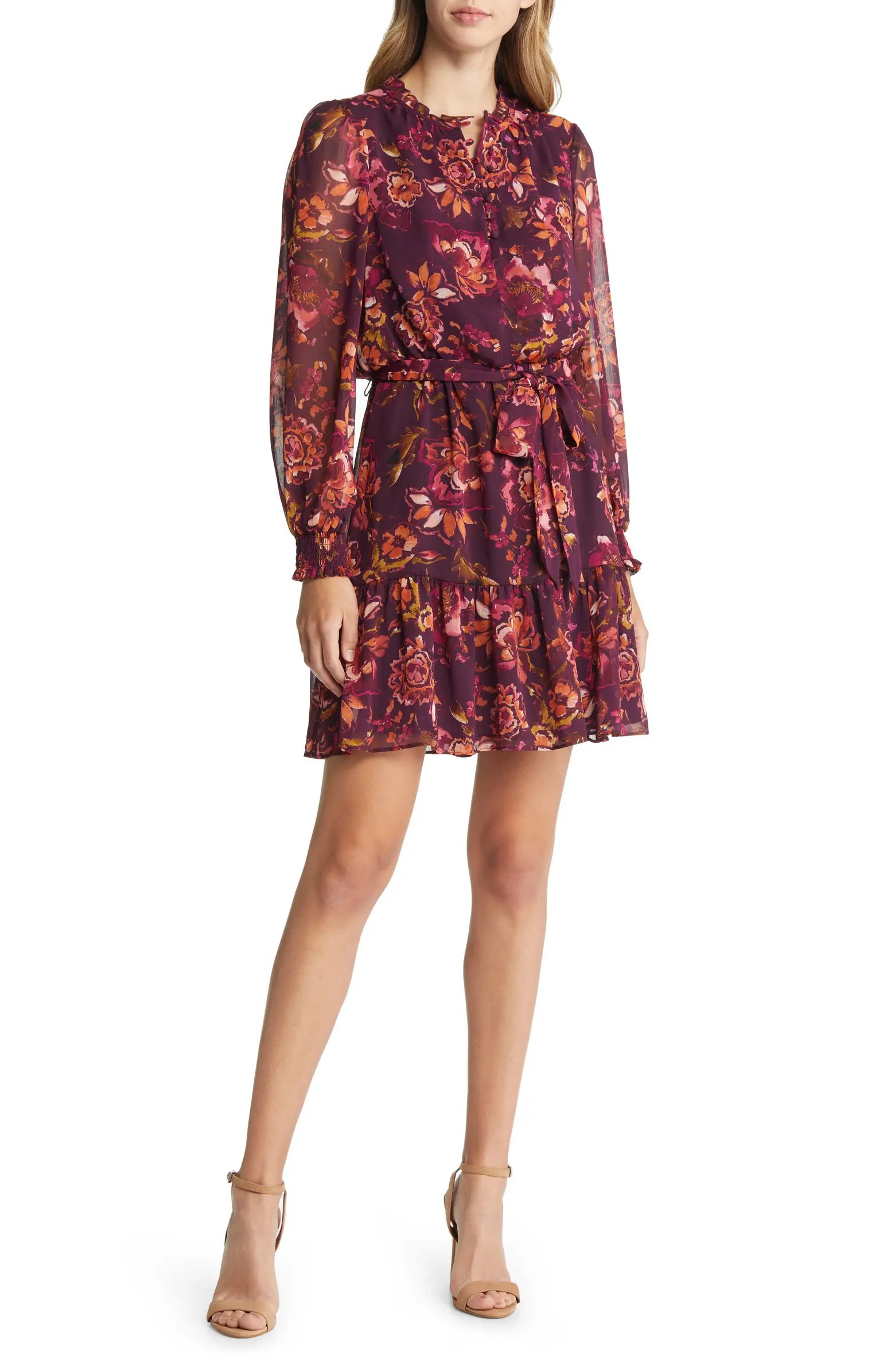 Vince Camuto Floral Long Sleeve Chiffon Fit and Flare Dress | Nordstrom | Nordstrom