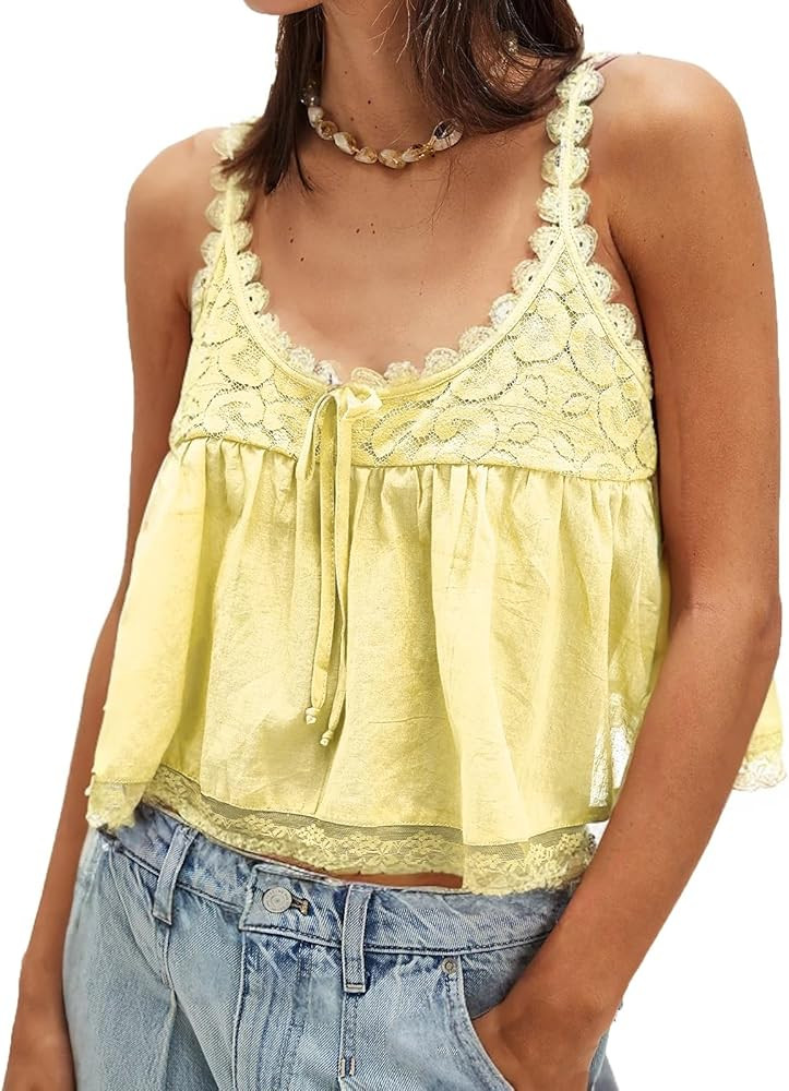 Women Lace Trim Tank Tops Y2k Tie Front Semi Sheer Crop Vest Cute Sleeveless Babydoll Cami Shirt | Amazon (US)