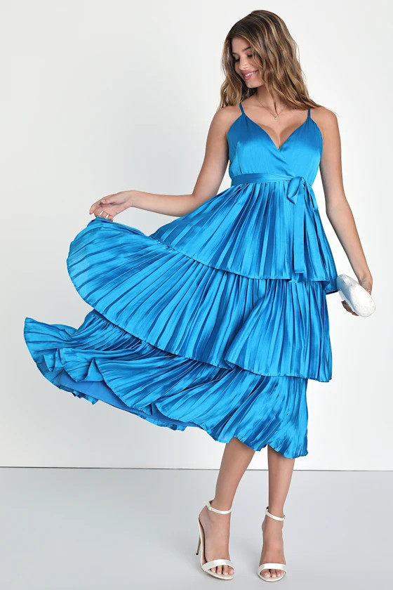 Celebrated Vibe Bright Blue Tiered Pleated Midi Dress | Lulus