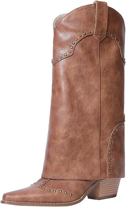 Women Shark Boots Fold Over Mid Calf Chunky Heel Snip Toe Cowboy Cowgirl Pull On Studded Boots fo... | Amazon (US)