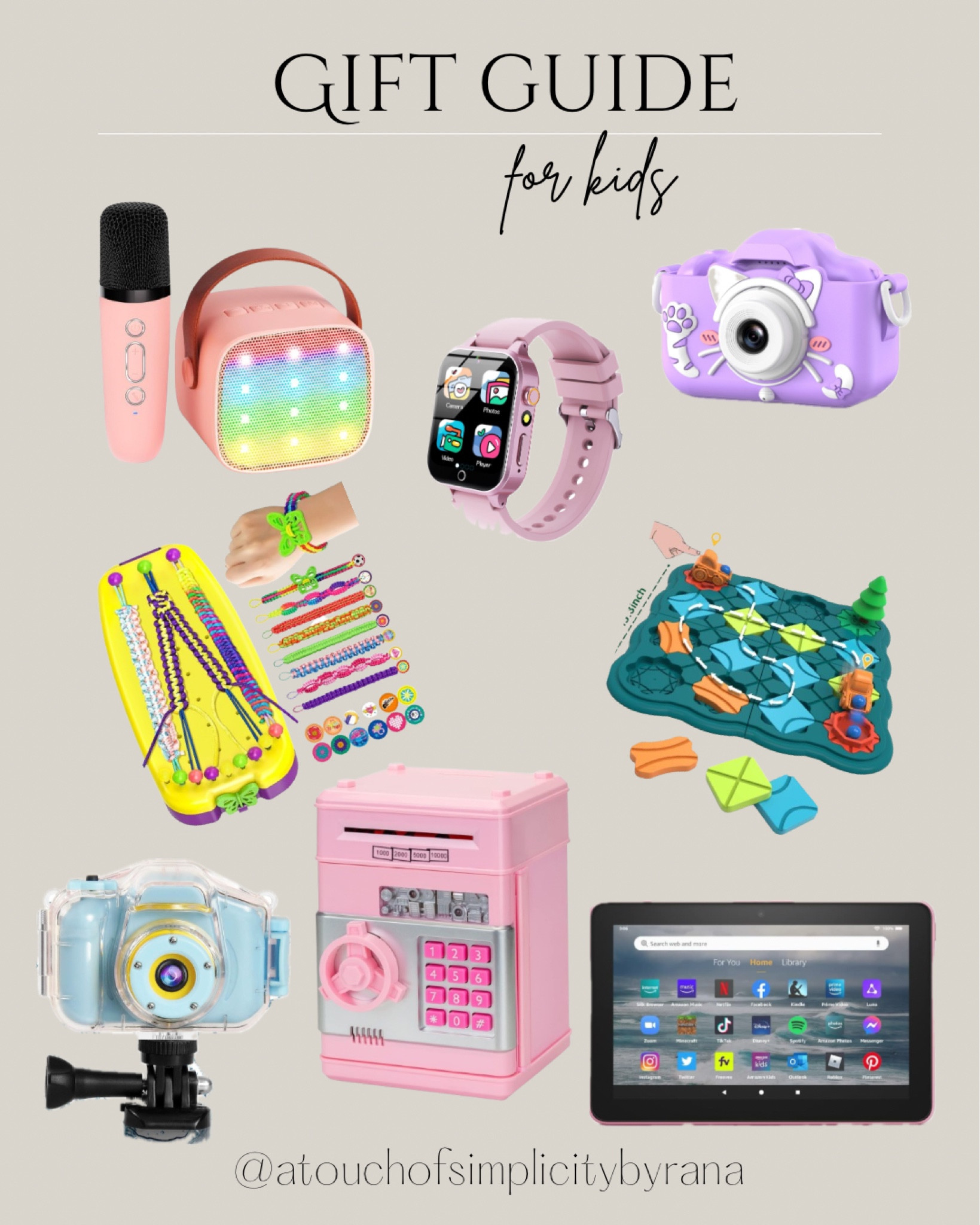Gift guide for kids! 

Electronic Piggy Bank, Money bank, karaoke machine, portable Bluetooth speaker, smart watch for kids, toy camera, educational games, stem board games, bracelet making kit, friendship bracelets, fire tablet, waterproof camera


#LTKGiftGuide #LTKCyberWeek #LTKkids