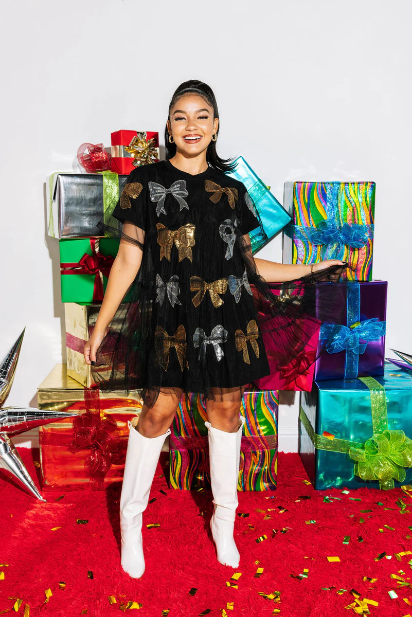 Black Mesh Overlay Metallic Bow Dress | Queen of Sparkles