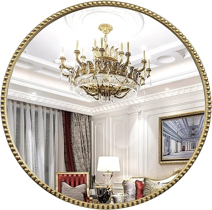 Round Bathroom Wall Mirror, 28"x28" Antique Gold Metal Beaded Frame Vanity Mirror, Wall Mounted L... | Amazon (US)