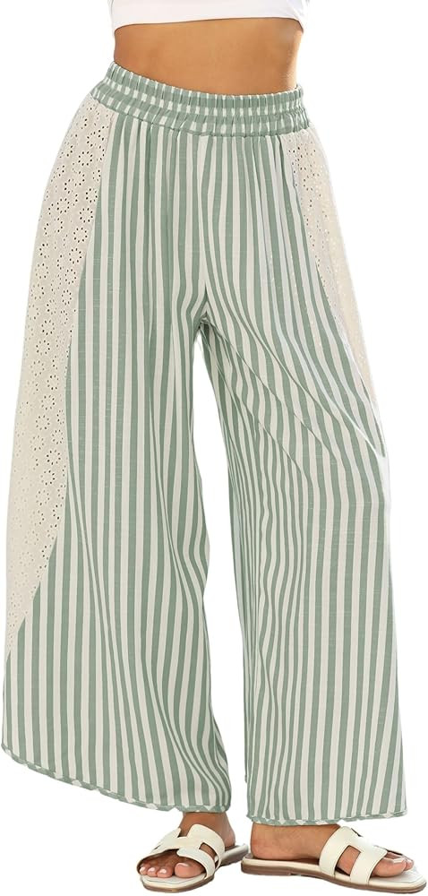 Athlisan Womens Summer Casual Loose Striped Wide Leg Lounge Pants Elastic Waist Palazzo Trousers | Amazon (US)