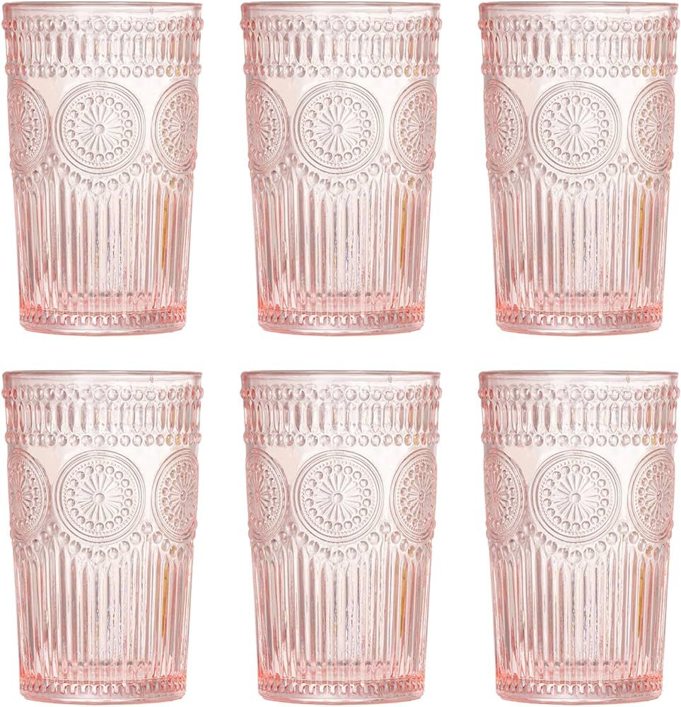 Vintage Glassware Romantic Drinking Glasses - 12 OZ Pink Glassware Embossed Glasses Drinking Set ... | Amazon (US)