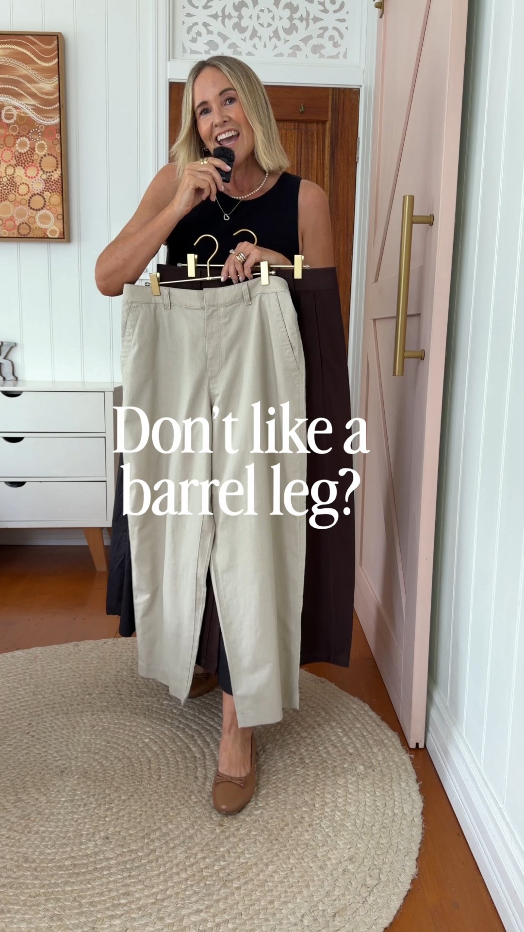 I’m wearing size L in both styles and had the chocolate pants taken up.

Size 8 in the black shirt (very oversized)
Size L in the blue tank

Shoes are FRANKIE4 Jac black slides and Trinity ballet flats

#LTKaustralia #LTKworkwear #LTKover50style