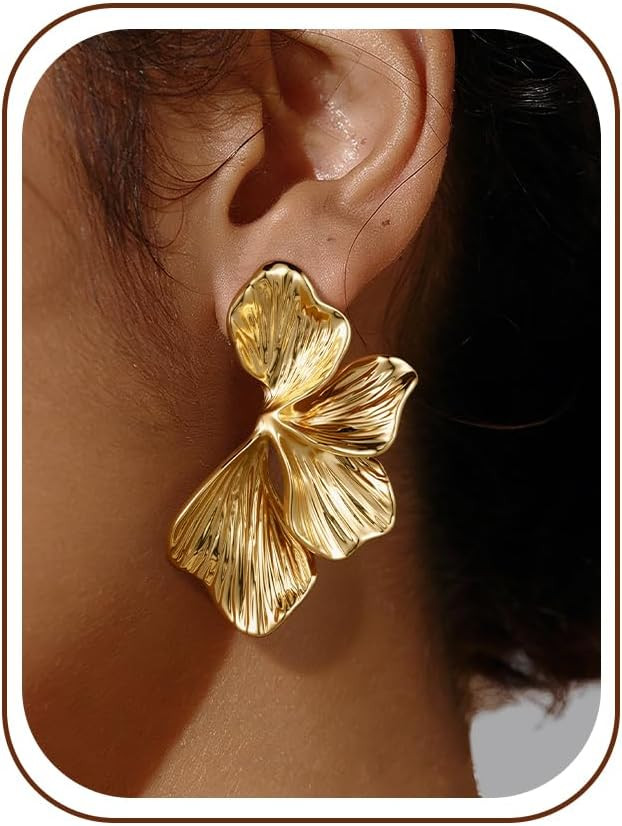 Gold Flower Statement Earrings For Women 14K Gold Plated Dangle Earrings Hypoallergenic Unique Big Floral Chunky Stud Drop Earring Jewelry for Women Trendy | Amazon (US)