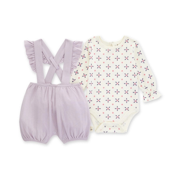 Knit Twill Organic Baby Girl Bubble Overall & Medallion Bodysuit Set | Burts Bees Baby