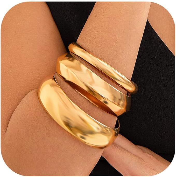 GlamRays Pack of 3 Chunky Gold Bangles for Women Fashionable Wide Wrist Bracelets Stack Statement... | Amazon (UK)