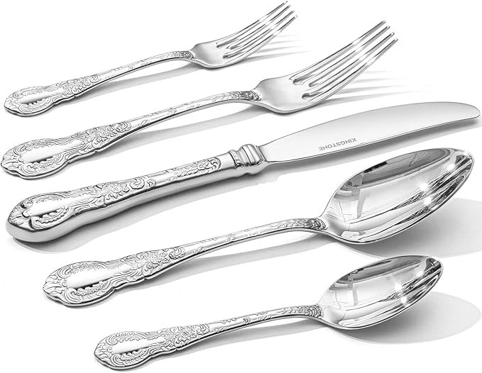 KINGSTONE Vintage Carved Silverware Set, 40-Piece 18/10 Stainless Steel Flatware Cutlery Set with... | Amazon (US)