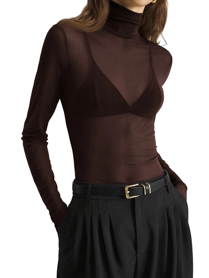 Women'S Stand-Up Collar Solid Color Mesh Slim Long-Sleeved Top, See-Through Shirt Dark Brown S | Walmart (US)