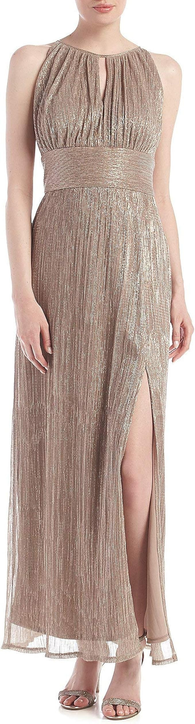 Dressbarn Women's Metallic Halterneck Gown with Thigh Split | Amazon (US)