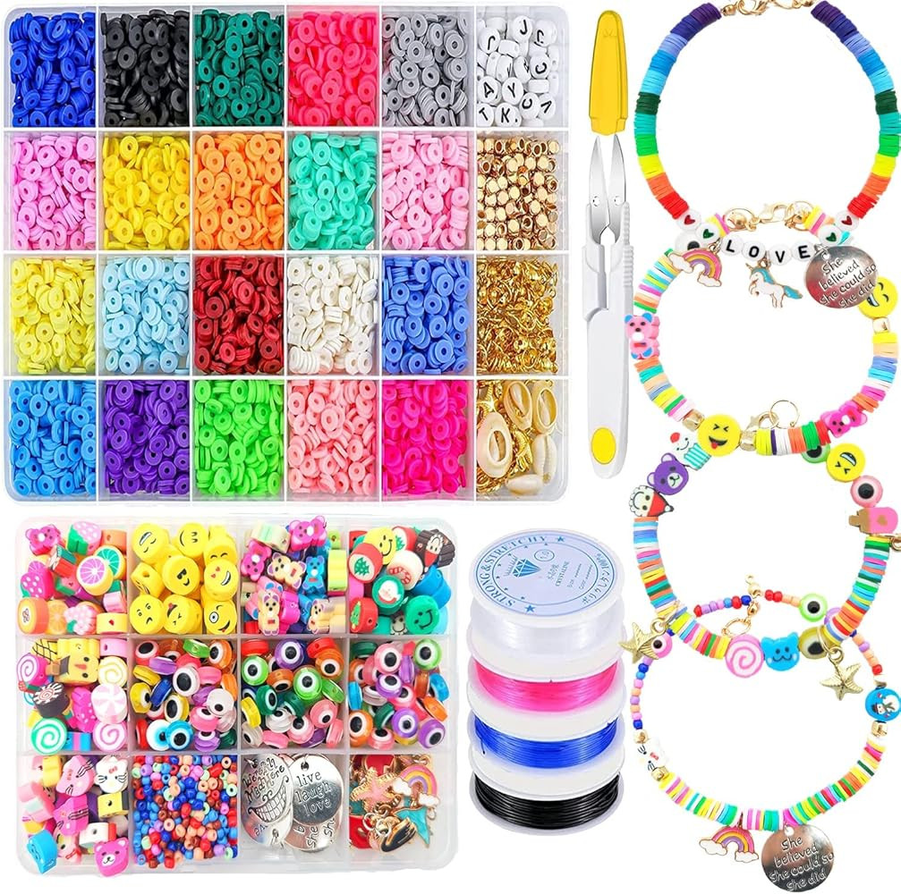 6000 Clay Beads Bracelet Making Kit,Flat Round 6mm Clay Beads for Jewelry Making with Pendant Charms | Amazon (US)