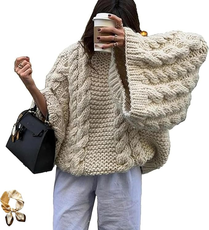 Women's Oversized Sweaters Knit Chunky Pullover Crew Neck Long Sleeve Baggy Cable Knitted Sweater... | Amazon (US)