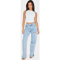 Petite Bleach Wash Ripped Split Hem Jeans | PrettyLittleThing US
