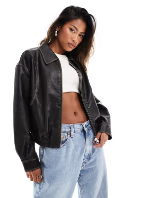 In The Style leather look collar detail jacket in distressed brown | ASOS (Global)