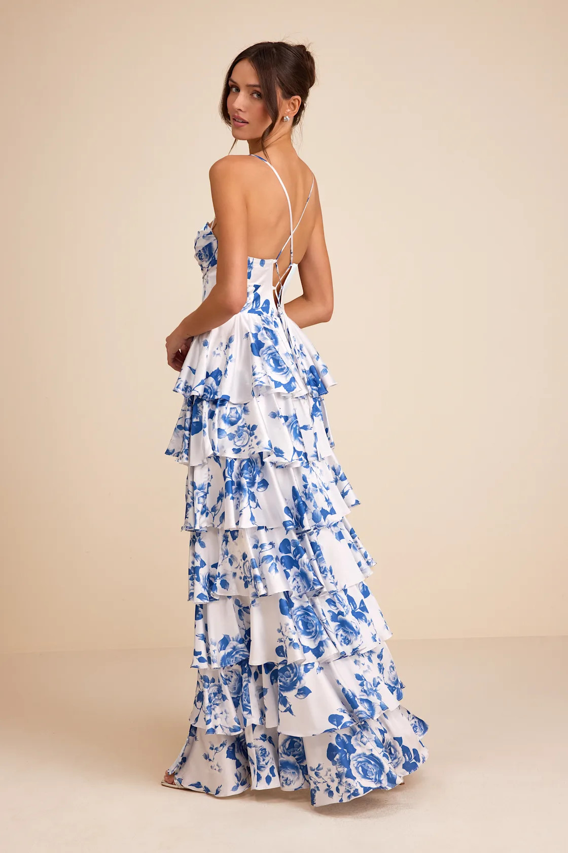 Arletta White and Blue Floral Satin Bustier Tiered Maxi Dress | Lulus