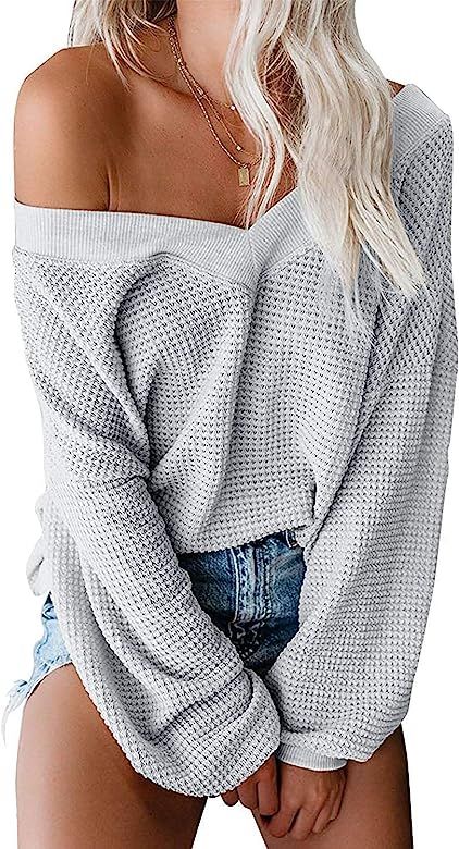 Women's Oversized Off Shoulder Pullover Tops Long Sleeve Loose Fit Waffle Knit Tops | Amazon (US)