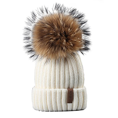 FURTALK Womens Girls Winter Fur Hat Real Large Raccoon Fur Pom Pom Beanie Winter Hats (white) | Amazon (US)