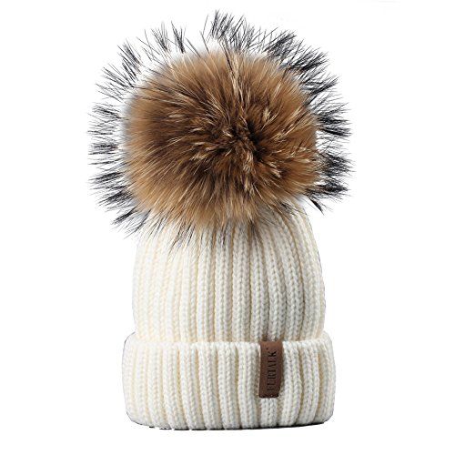 FURTALK Womens Girls Winter Fur Hat Real Large Raccoon Fur Pom Pom Beanie Winter Hats (white) | Amazon (US)