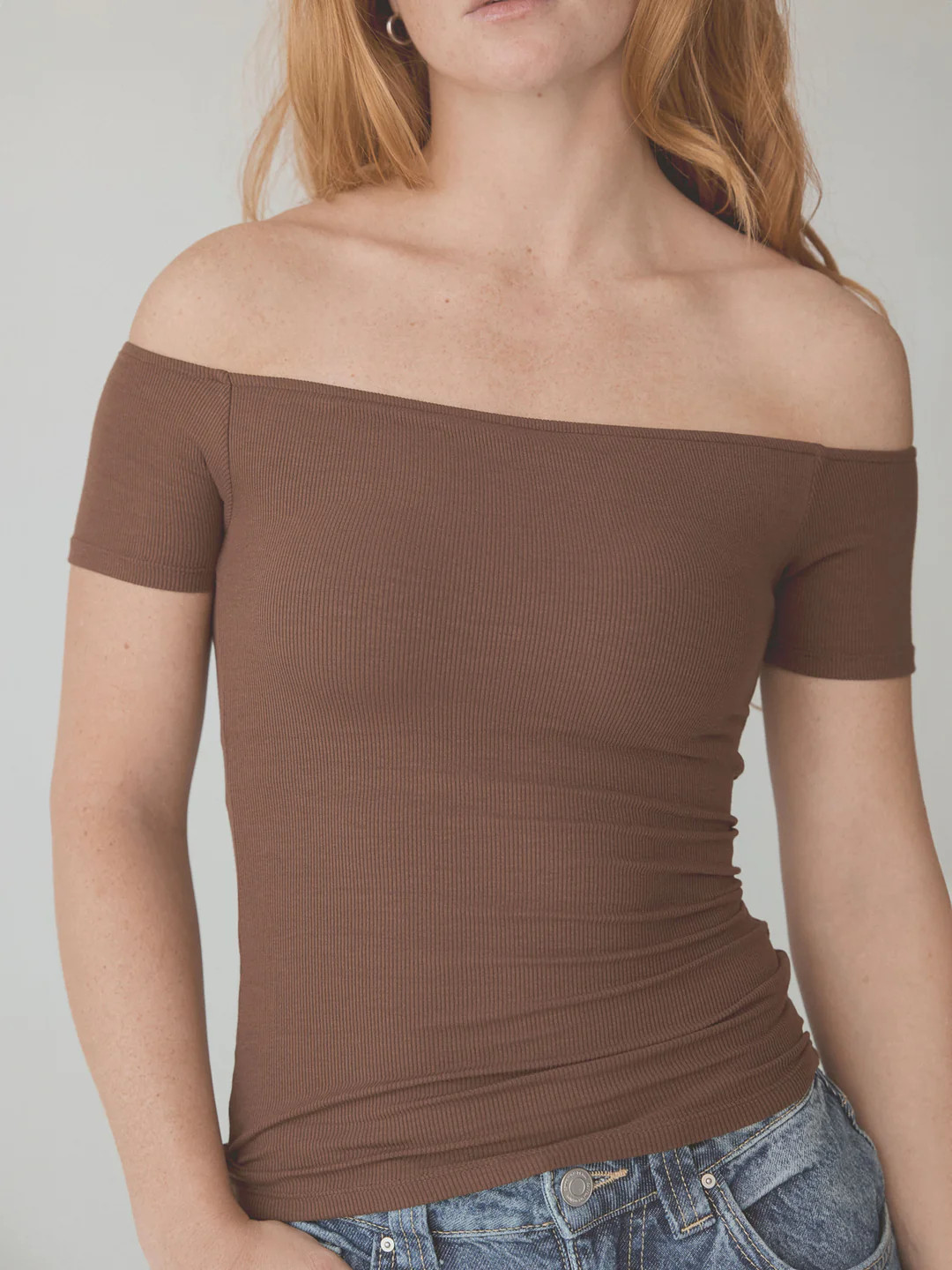 Ribbed Off The Shoulder Braless Short Sleeve | Klassy