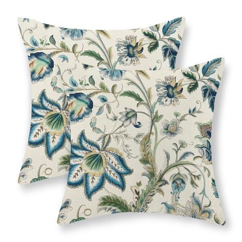 GOLIANDA Blue Green Pillow Covers 18x18 Set of 2 Sage Green Chinoiserie Floral Throw Pillows Boho Vintage Flowers Decorative Pillowcase Outdoor Chinoiserie Decor Farmhouse Cushion Case for Couch Sofa | Amazon (US)
