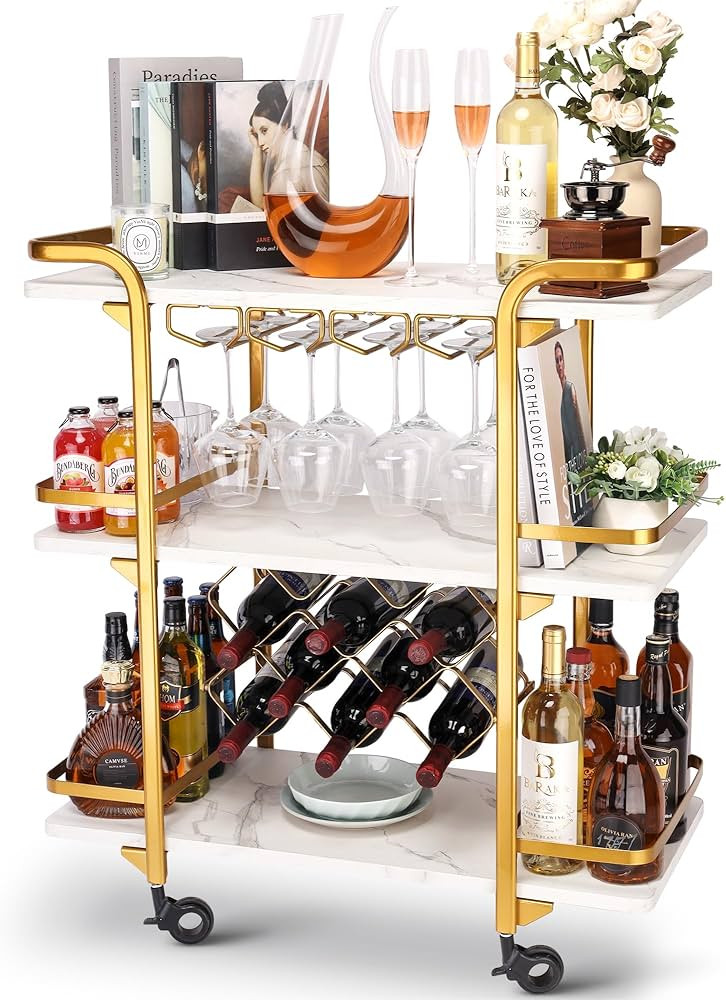 Jubao Gold Bar Cart with 3 Tiers for Stylish Storage, Home Bar Serving Cart with 4 Rows of Glass ... | Amazon (US)
