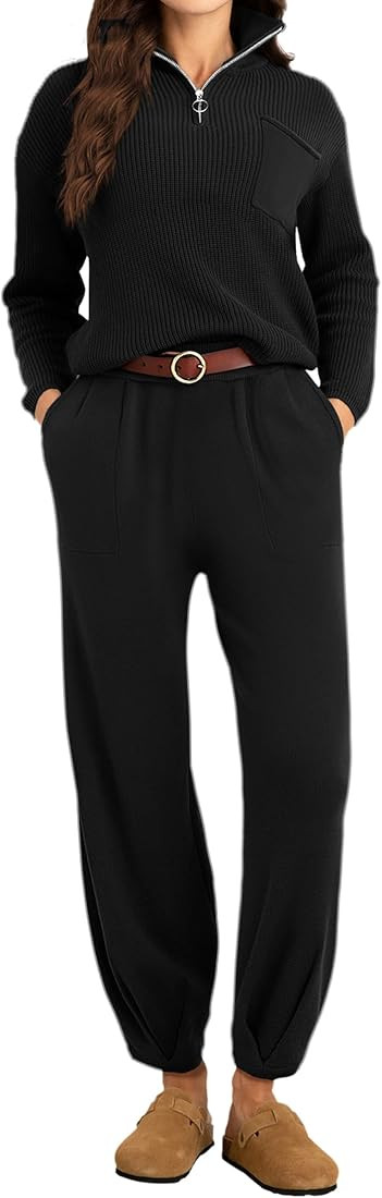 softome Women's 2 Piece Outfits Sweater Set Long Sleeve 1/4 Zip Knit Pullover Top Casual Pants Tr... | Amazon (US)