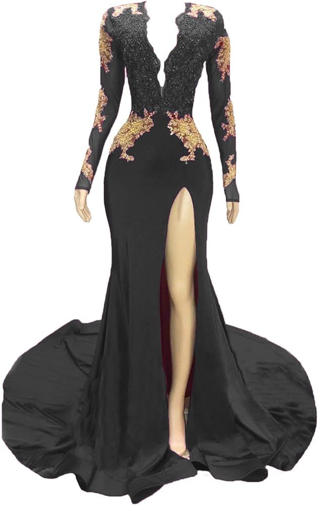 Graceprom Women's Black Long Sleeves Gold Mermaid Prom Evening Dress | Amazon (US)
