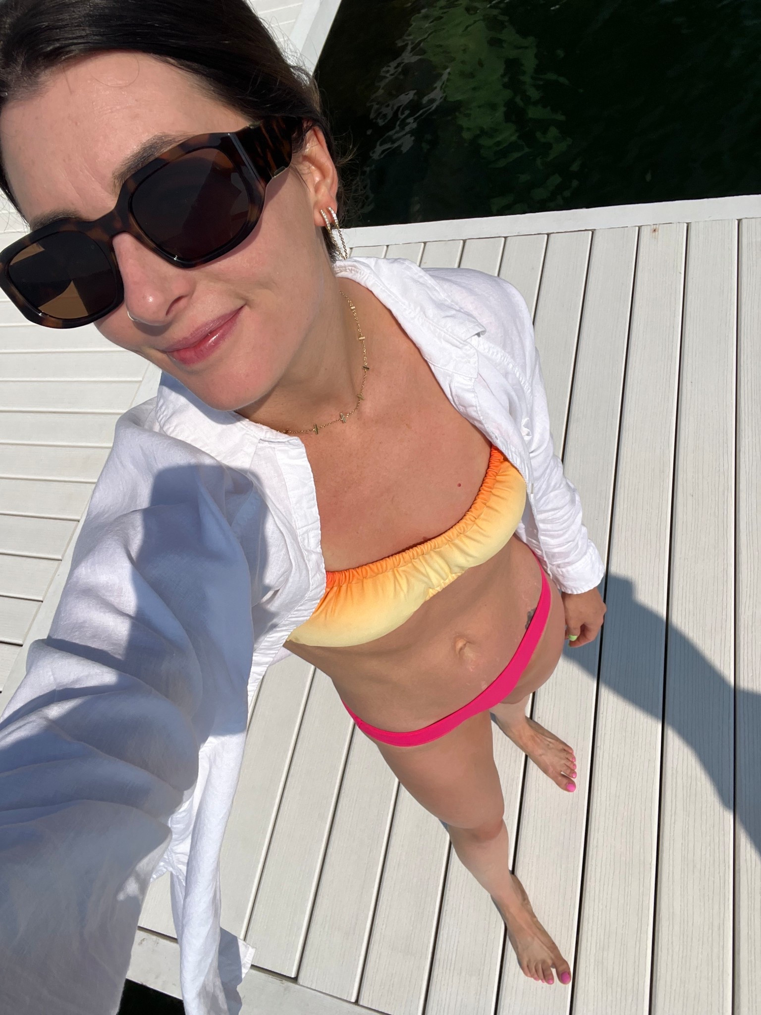 Aerie swim; summer swimsuit; pink and orange swimsuit; aerie bikinis; white coverup;