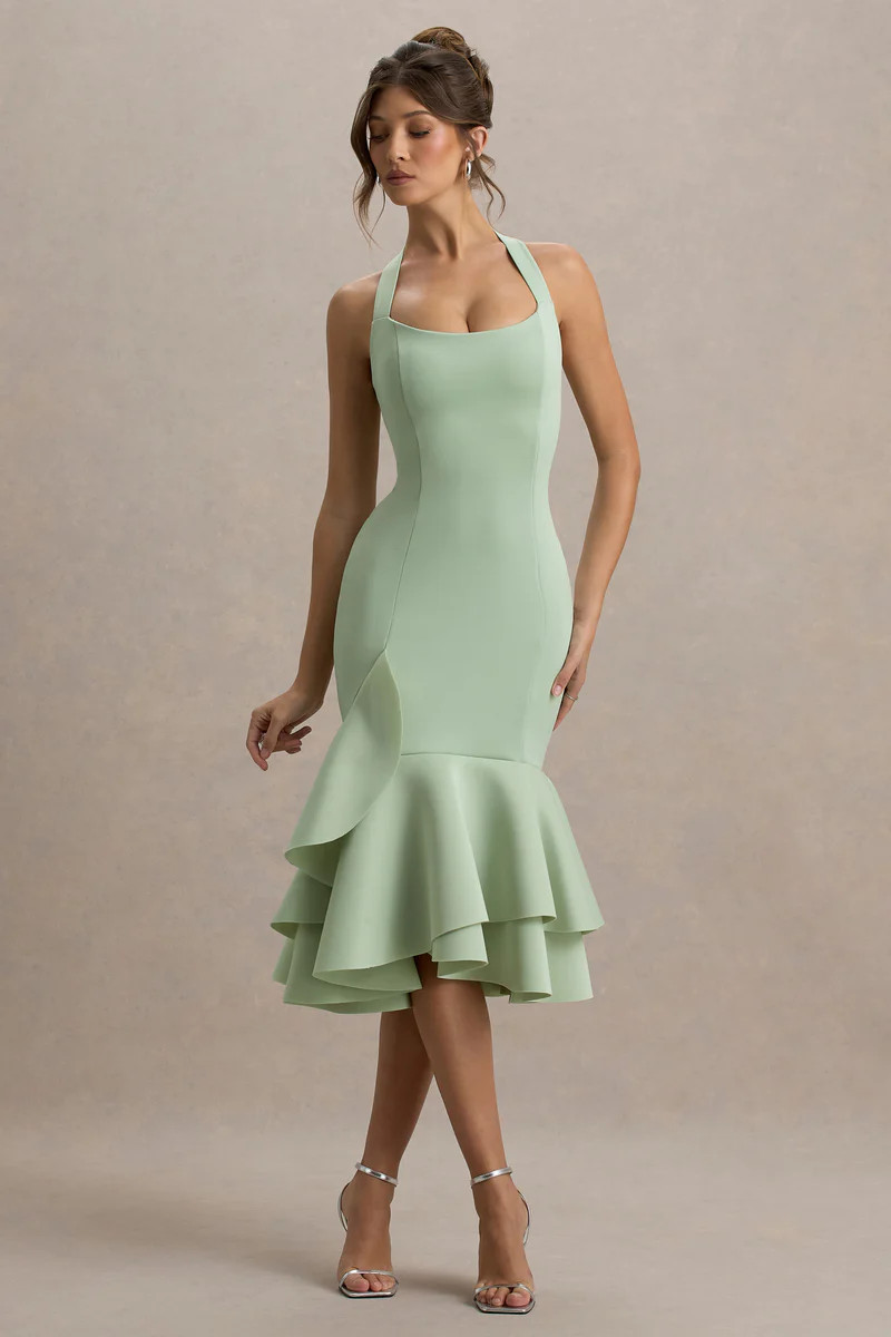 Arla | Light Green Halter Neck Ruffle Trim Midi Dress | Club L London
