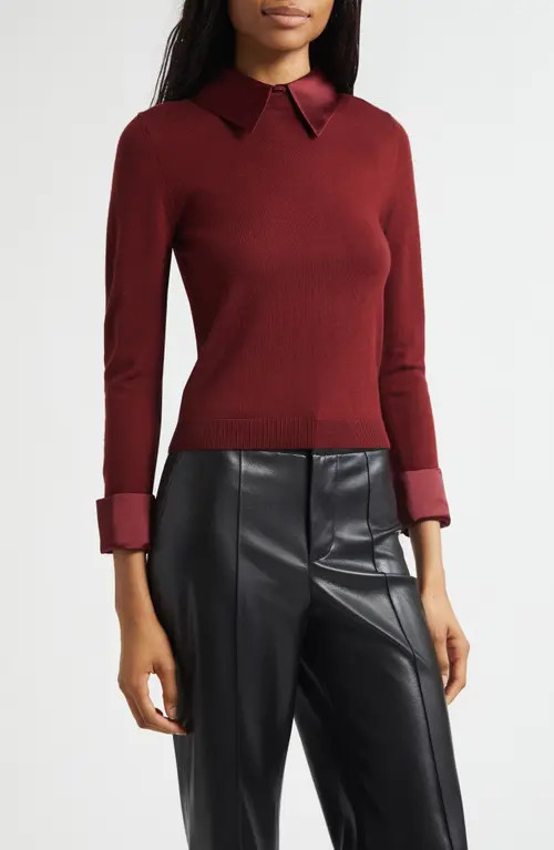 Alice + Olivia Porla Collared Mixed Media Silk Sweater in Oxblood at Nordstrom, Size X-Large | Nordstrom