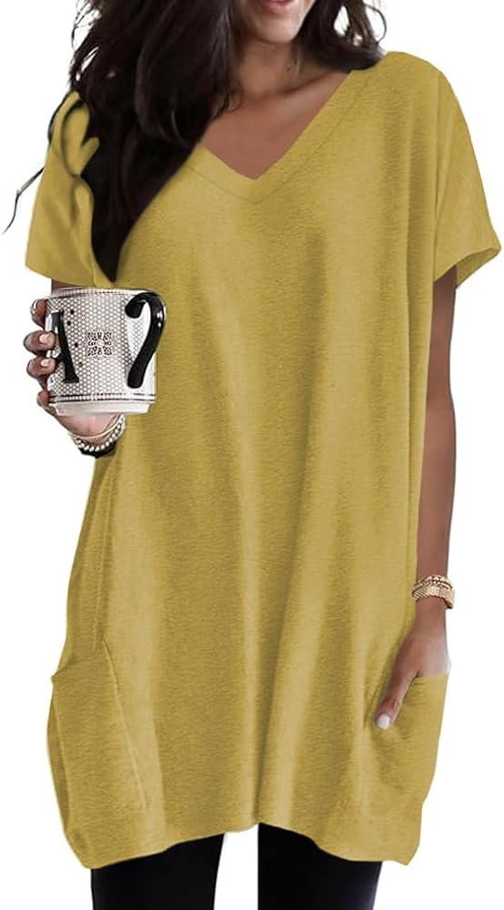 Poetsky Summer Womens Tunic Tops for Leggings with Pockets Vneck Short Sleeve Casual Long T Shirt... | Amazon (US)