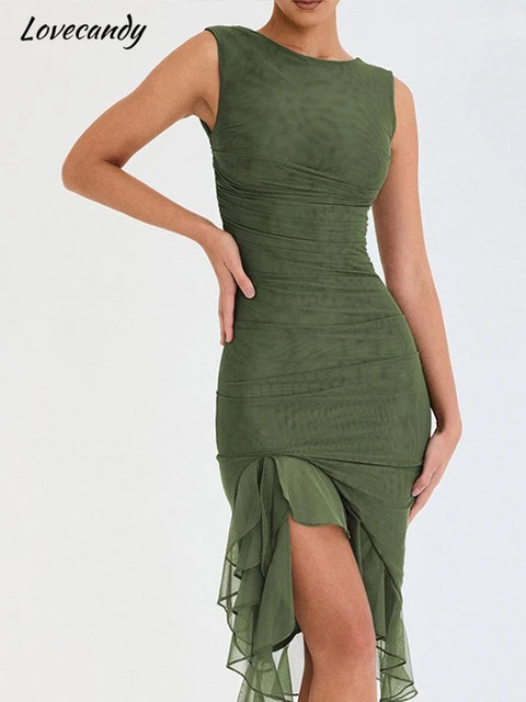 Ruffles irregulares femininos vestido bodycon plissado, verão O Neck, vestido sem mangas, roupas... | Aliexpress BR (BR)