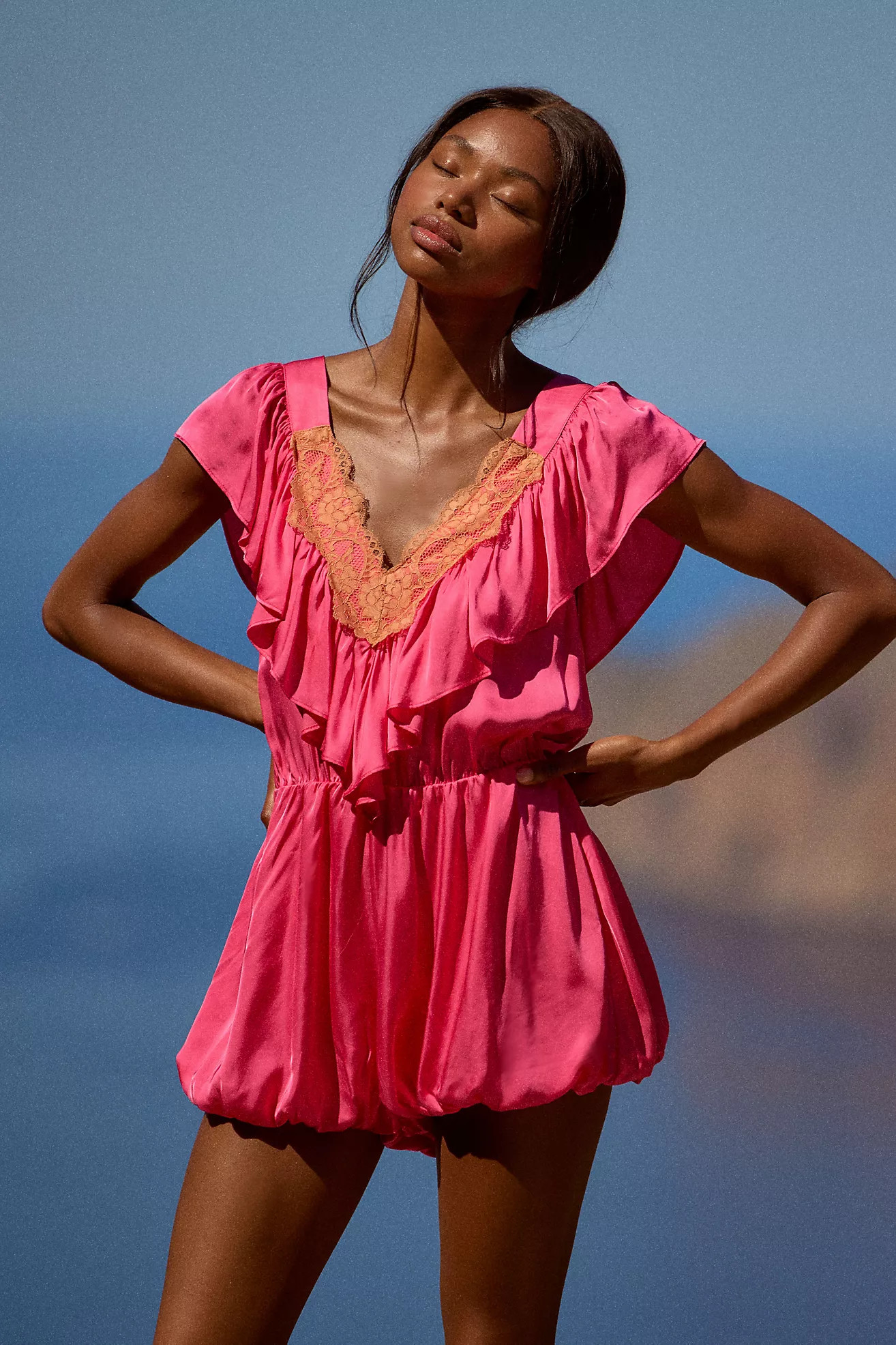 The LyreBird Silky Lace Ruffle Romper | Anthropologie (US)