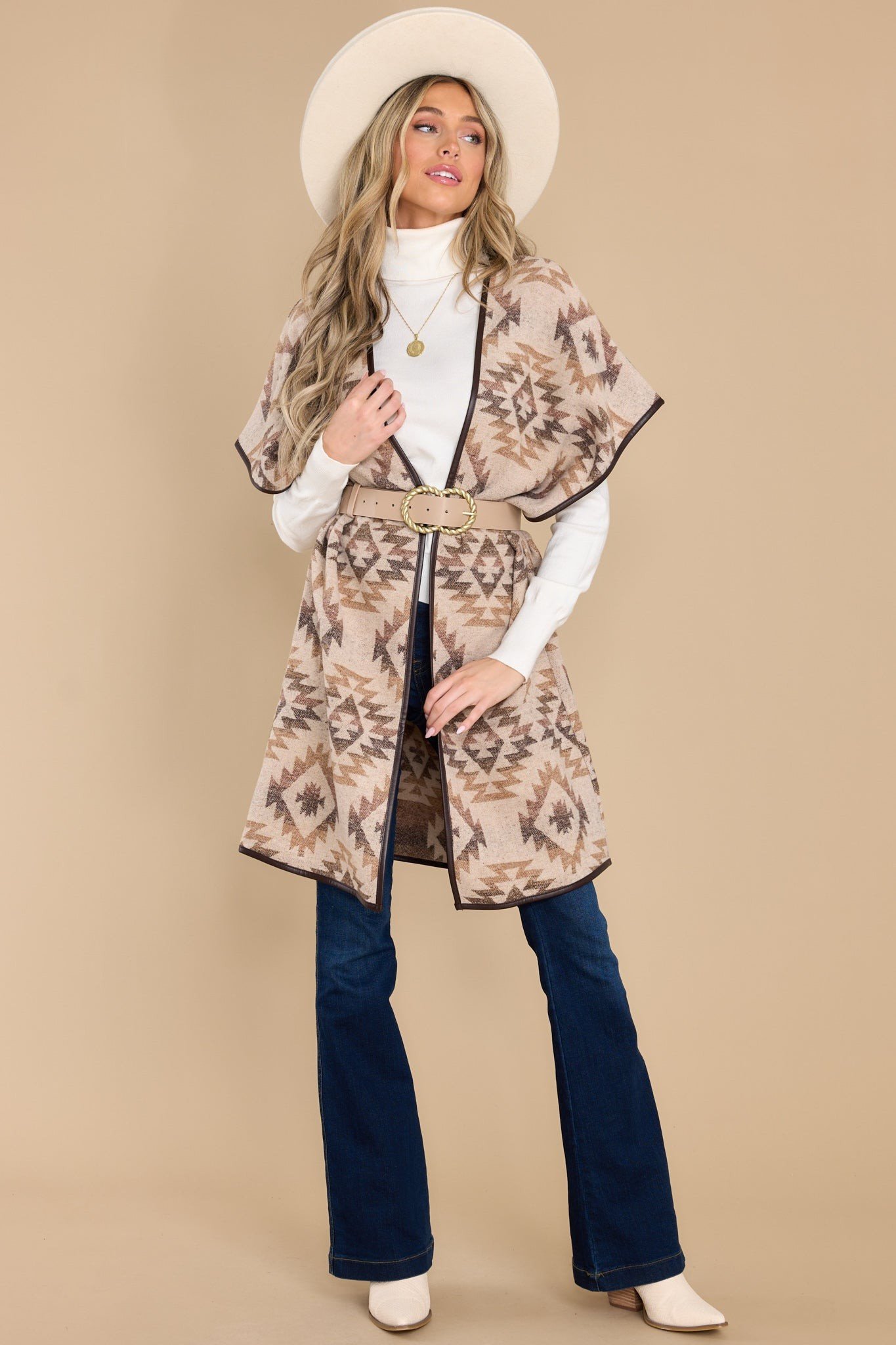 Cozy Memories Beige Multi Print Poncho | Red Dress 