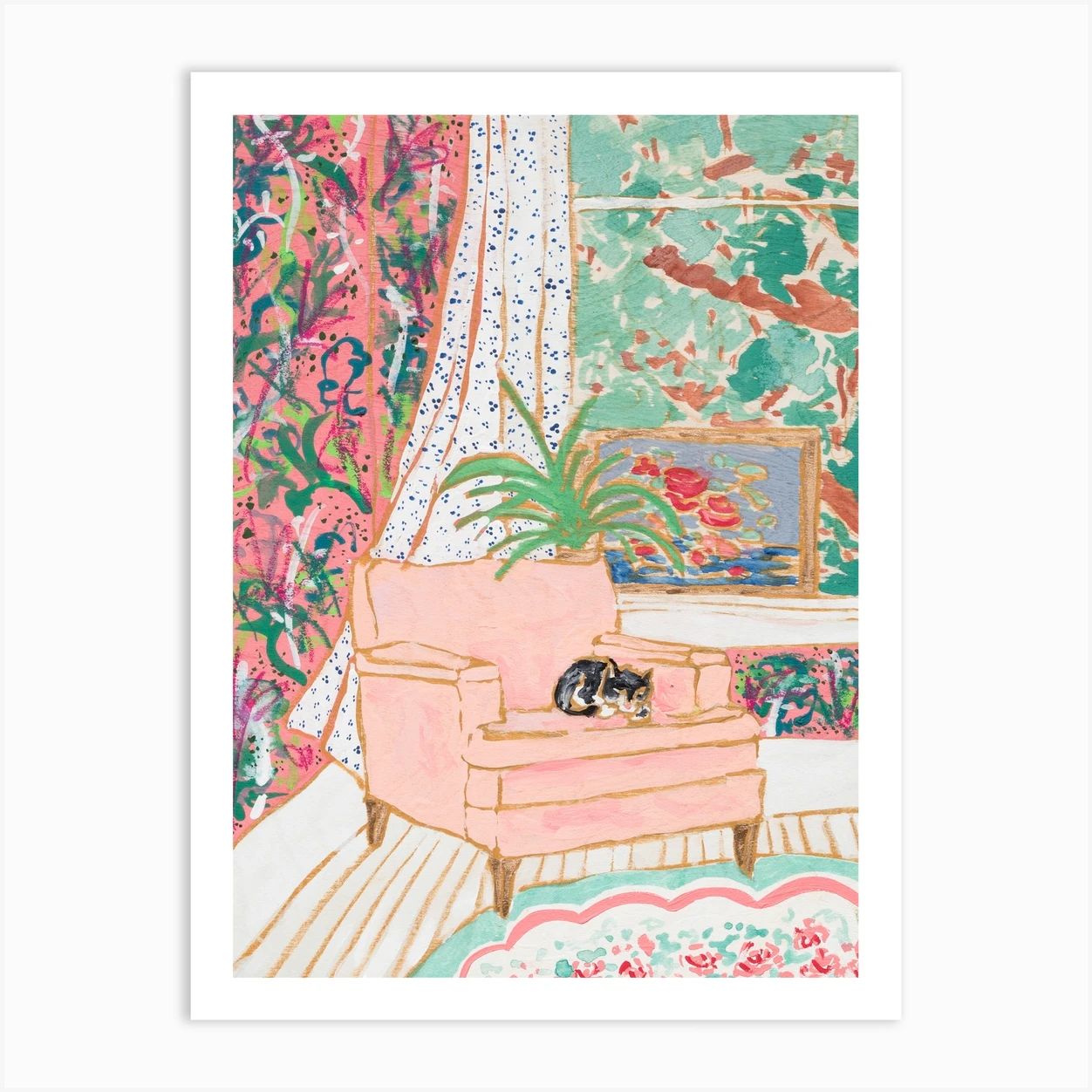 Cat Nap Tuxedo Cat Napping In Pink Interior Art Print | Fy! (UK)