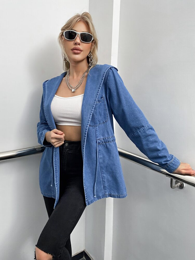 90s Vintage Drawstring Waist Dual Pocket Hooded Denim Coat | SHEIN