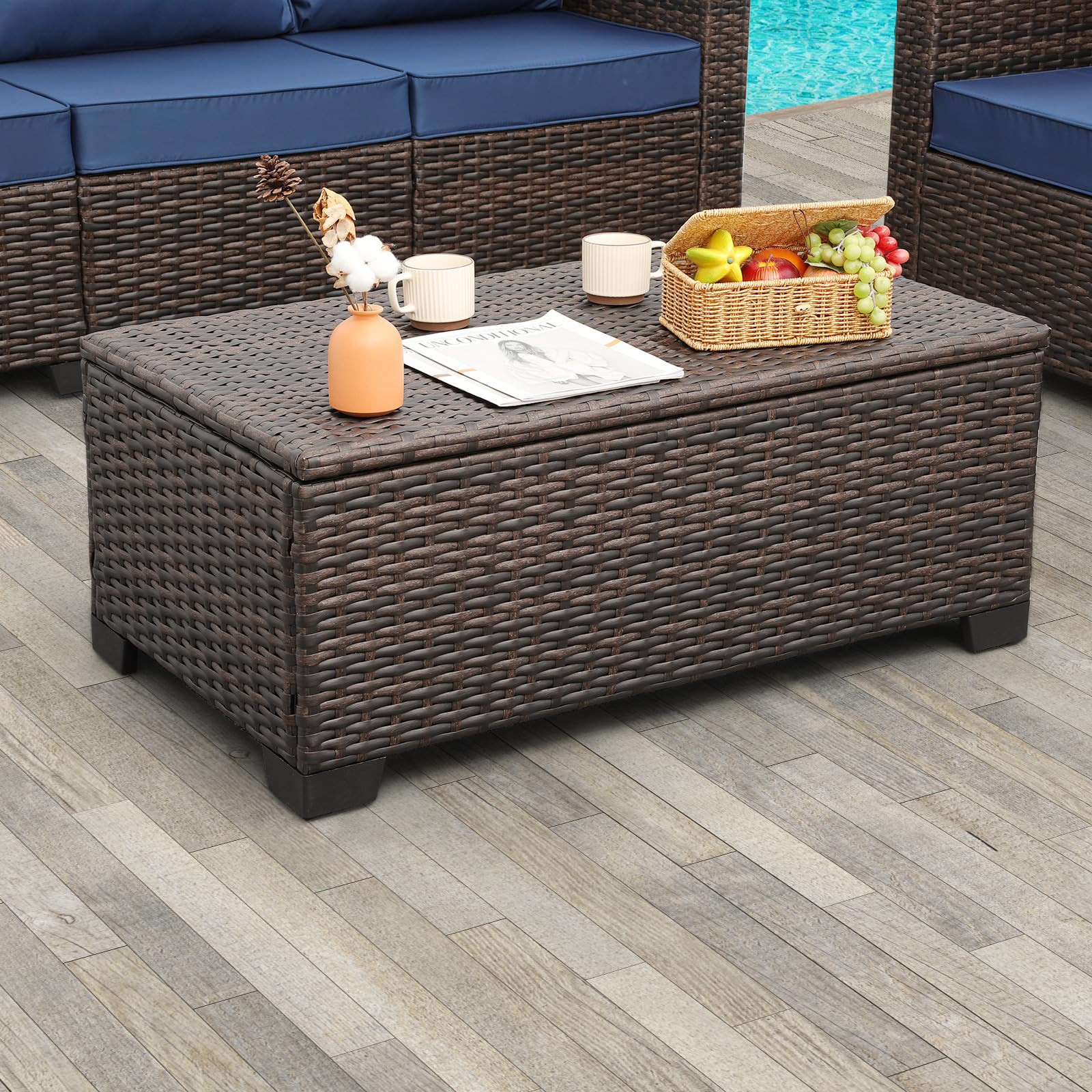 Rattaner Outdoor Table Patio Furniture All-Weather Patio Table Wicker Coffee Table with Storage and Furniture Cover, Dark Brown | Amazon (US)