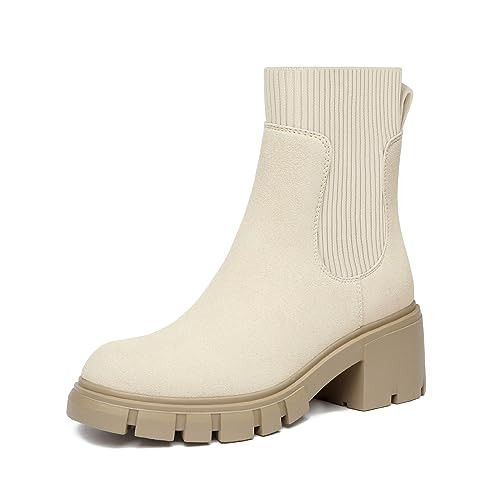 Athlefit Women's Chelsea Platform Ankle Boots Elastic Chunky Heel Lug Sole Beige Booties Size 7.5 | Amazon (US)