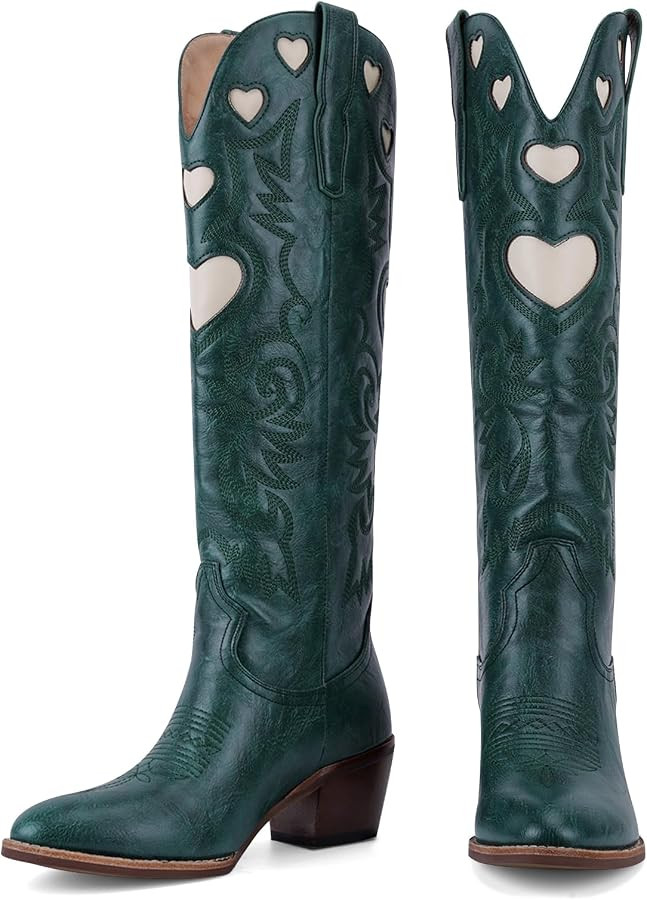 Knee High Boots for Women Heart Embroidered Western Boots Round Toe | Amazon (US)