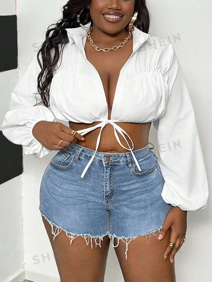 SHEIN Slayr Plus Size White Lantern Sleeve Shirt Collar Blouse, Street-Style And Sexy, Slim Fit, ... | SHEIN