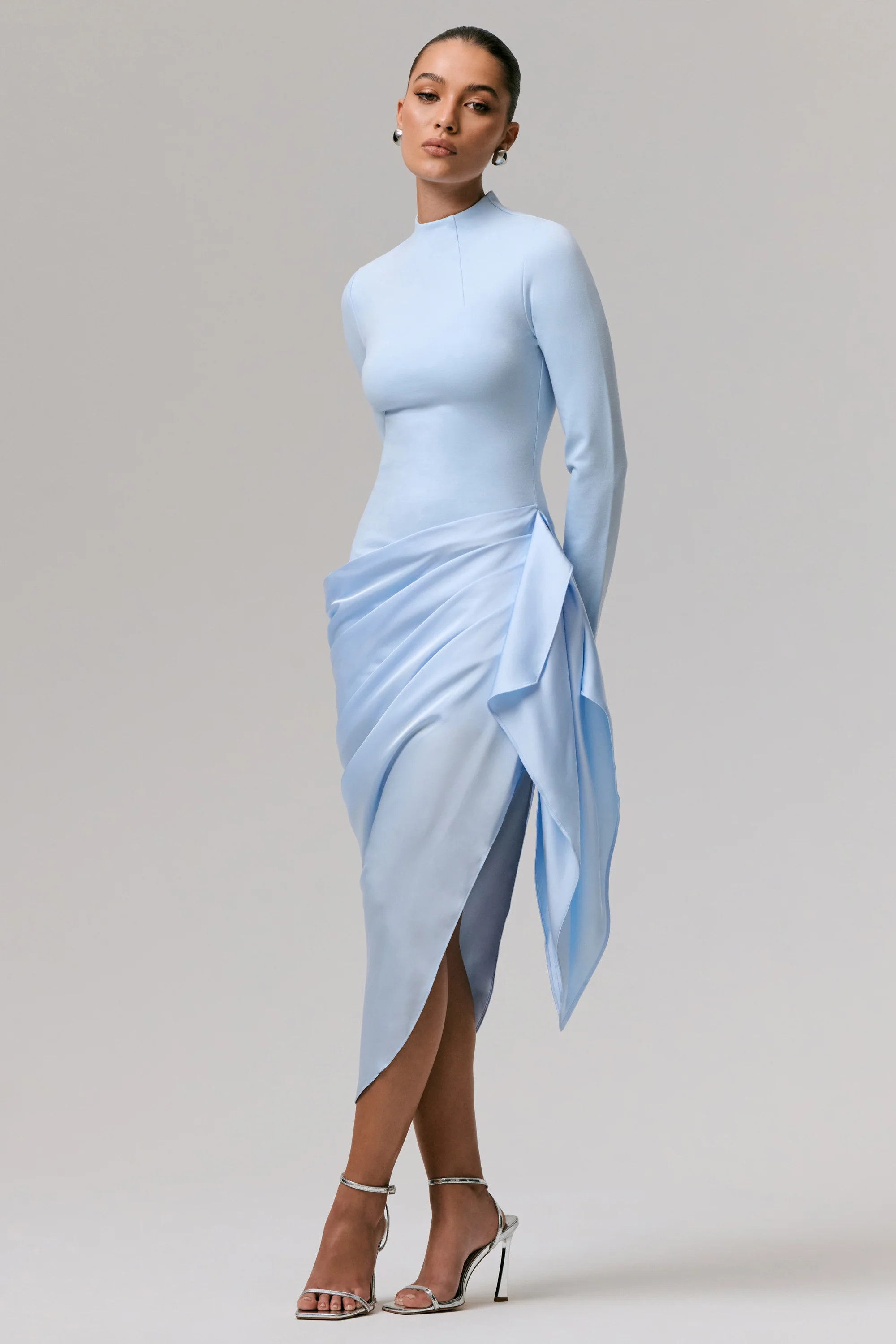Raffie | Powder Blue Long-Sleeve Midi Dress With Satin Wrap Skirt | Club L London