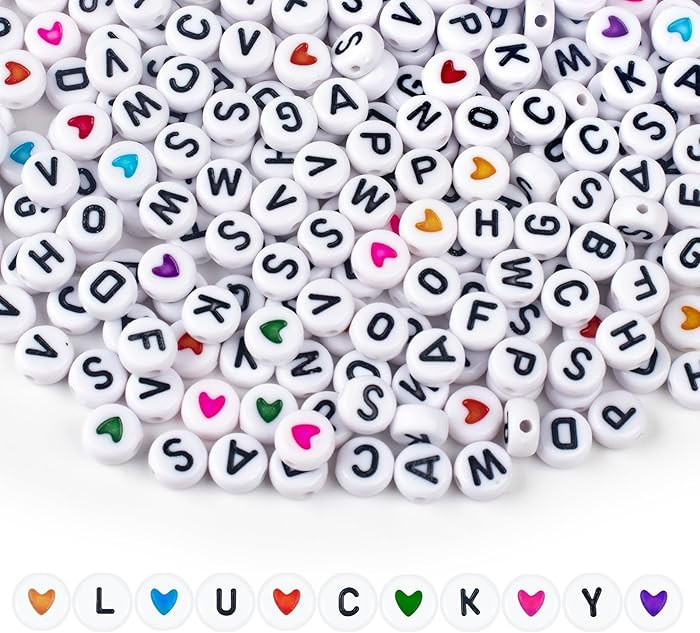 1000PCS Colourful Letter Beads for Threading, 4 x 7 MM, A-Z White Letter Beads and Colourful Hear... | Amazon (US)