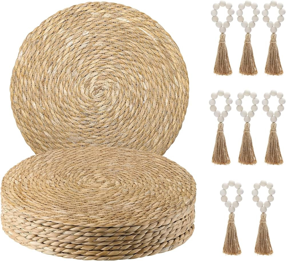 Woven Placemats Set of 8, 13.8" Natural Water Hyacinth Round Rattan Placemats with Wooden Beads Napkin Rings for Kitchen Dining Table Decor | Amazon (US)