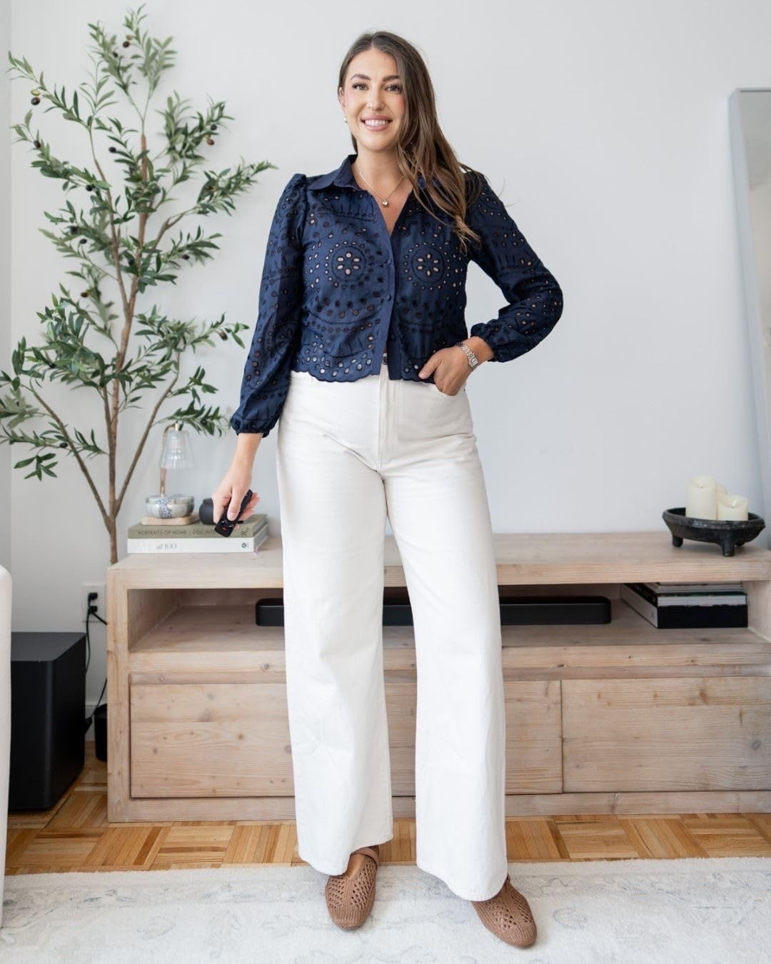 Navy and white will always be a favorite combo! 💙 This eyelet blouse paired with wide leg pants is such an easy way to look polished without trying too hard!

Midsize fashion, size 12/14, navy eyelet blouse, white wide leg pants, fall outfit ideas, classy casual style, effortless chic