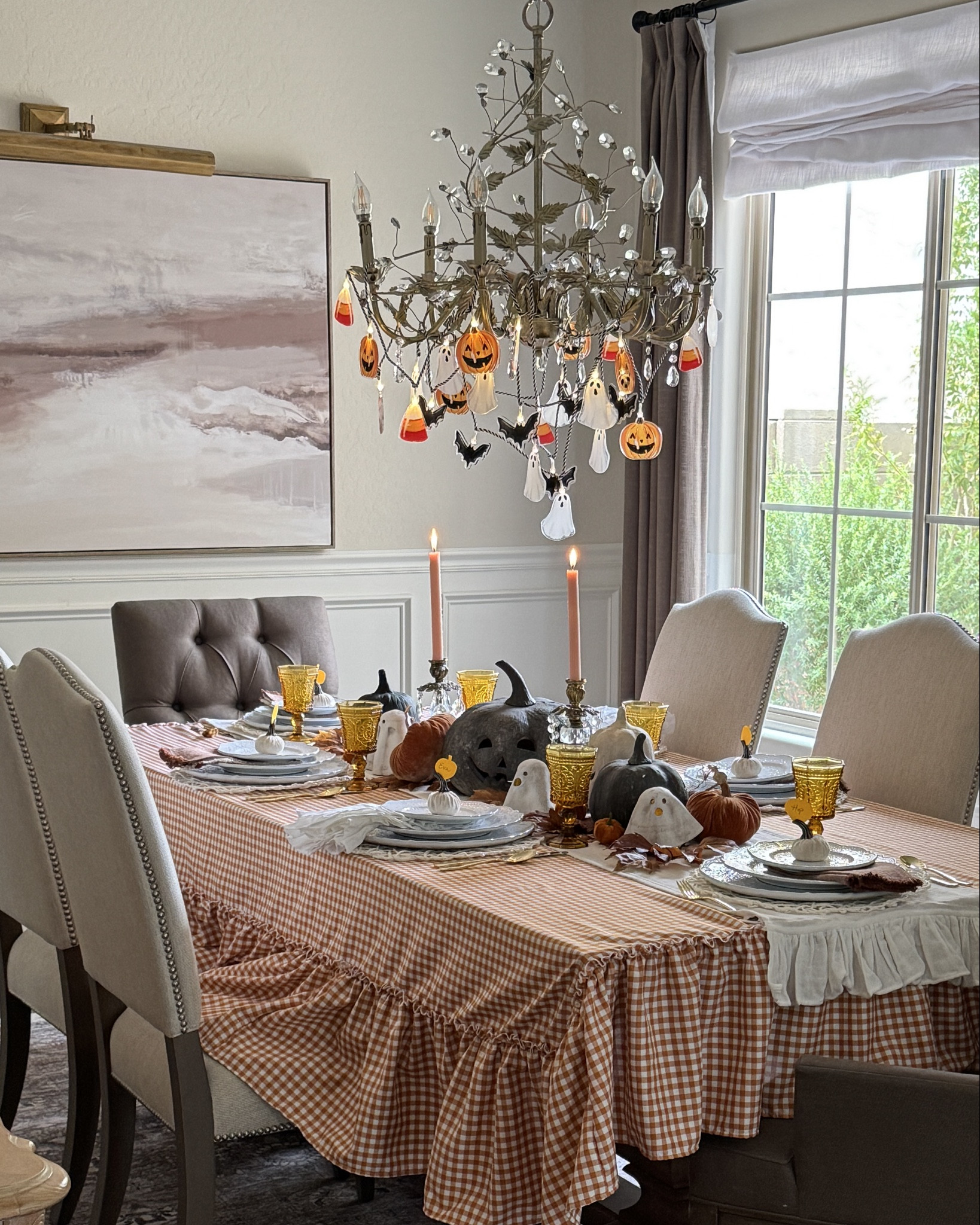 Sweet + whimsical Halloween table 🎃👻

Use code JOY15 on all Mud Pie items 

Halloween decor, Halloween tablescape, Halloween party, orange ruffled tablecloth, orange and white gingham check tablecloth, ruffle tablecloth 

#LTKSeasonal #LTKFindsUnder50 #LTKParties