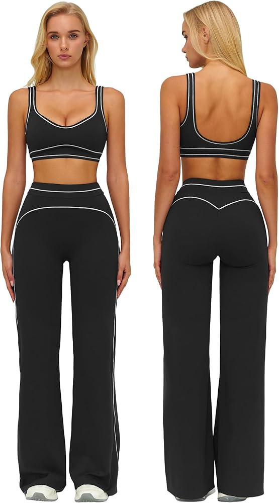 ABOCIW Two Piece Workout Sets for Women Racerback Tank Top Matching High Waist Wide Leg Yoga Pant... | Amazon (US)