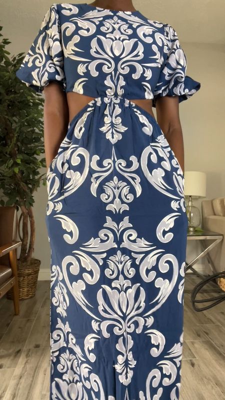 Vacation dress! Spring blue printed cut out maxi dress with puff sleeves and white strappy sandals. I’m wearing an xsmall. 

#LTKVideo #LTKTravel #LTKShoeCrush