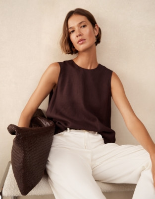 The White Company Linen Shoulder Detail Shell Top, Dark Chocolate, Size: 10 | The White Company UK & ROW